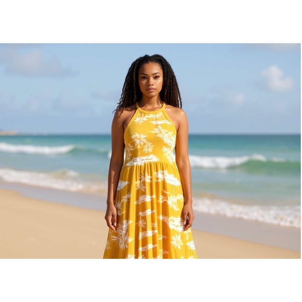 Old Navy Womens XL Yellow Tropical Palm Print Halter Swing Sun Dress Vacation